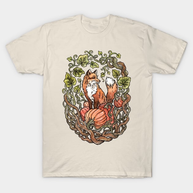 Autumn Fox | Watercolor Pumpkin Patch Garden T-Shirt by OMEGAFAUNA